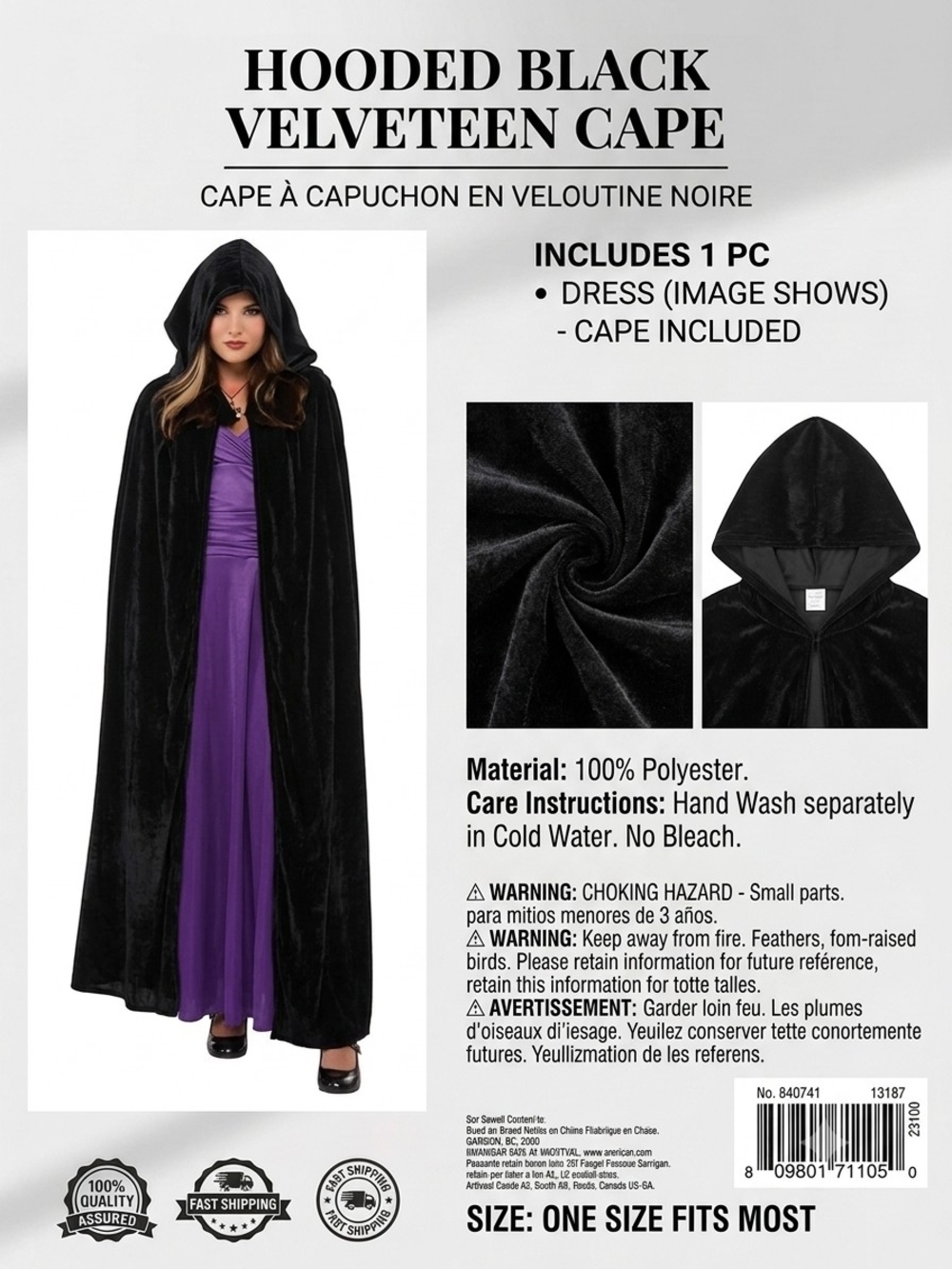 Hooded Black Velveteen Cape - Classic Kids Costume